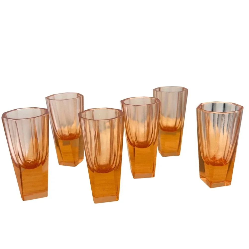 Vtg 30s Czech Bohemian Art Deco Moser Style Salmon Pink Faceted Vodka glasss 6